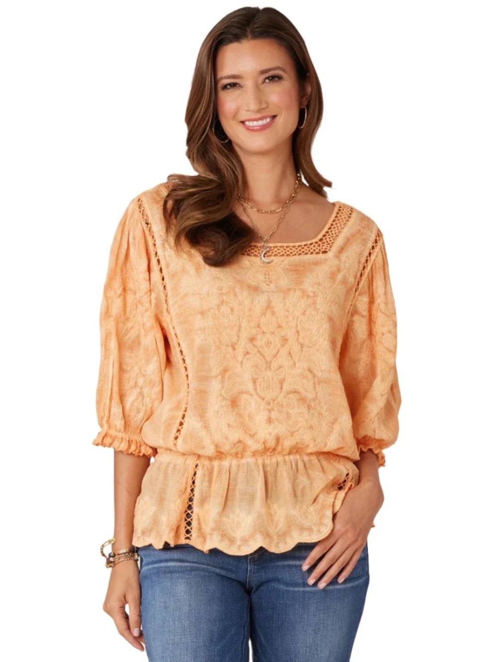 Democracy Peach Crochet-Trim Peasant Blouse